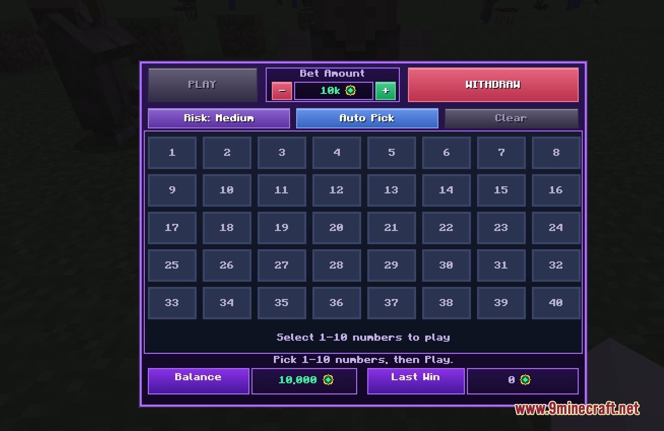 Pinnacle Pocket Bets Mod Screenshot 4 A digital grid for a number picking game with adjustable risk and bet settings