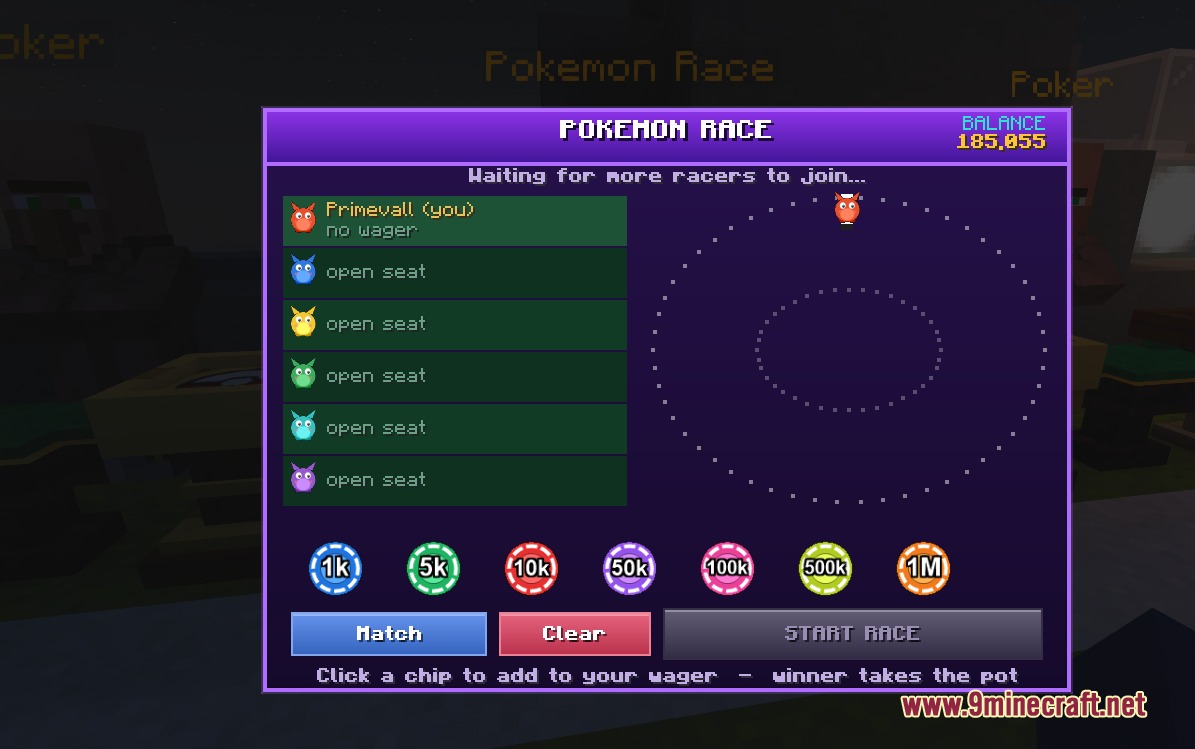Pinnacle Pocket Bets Mod Screenshot 6 Pokemon Race screen showing a circular track and betting chips