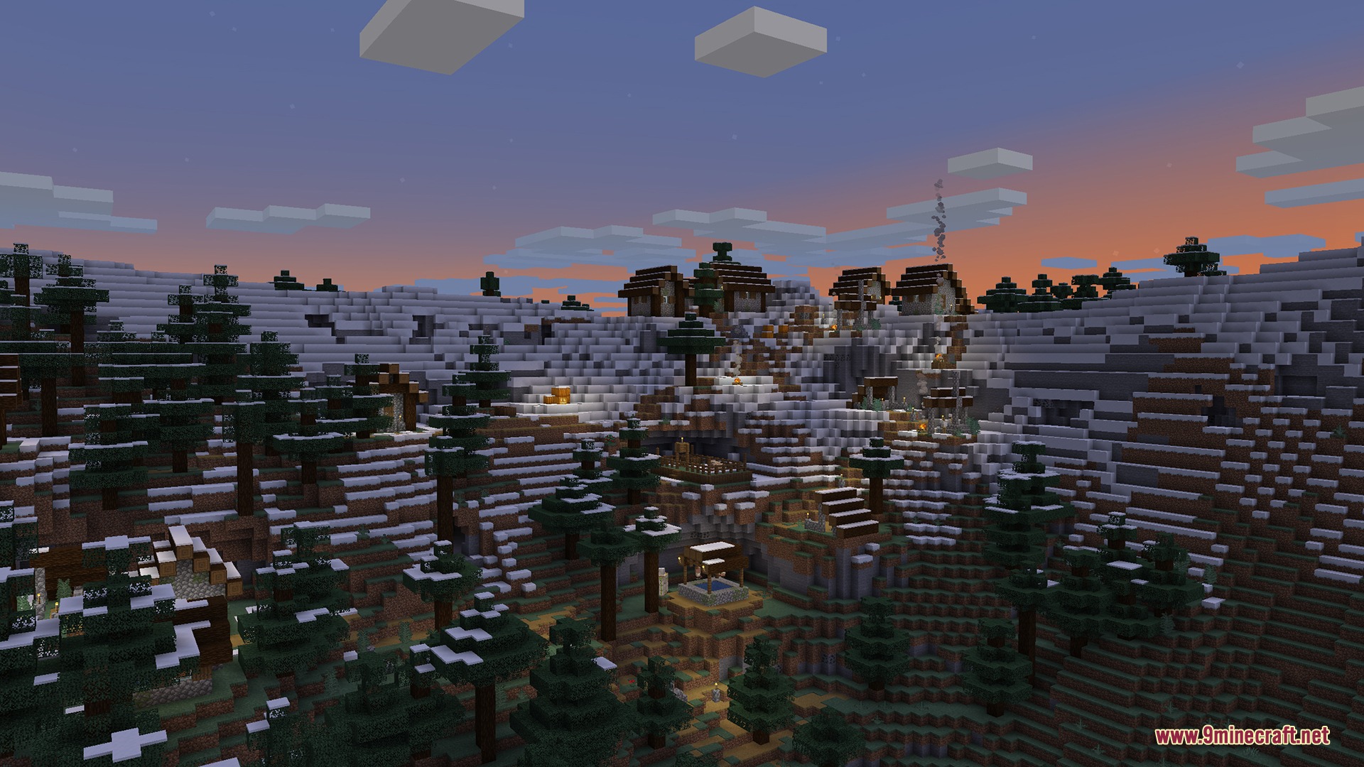 Pixel Canvas Terrain Mod Screenshot 3 A snowy village on a mountain slope during a colorful sunset in Minecraft