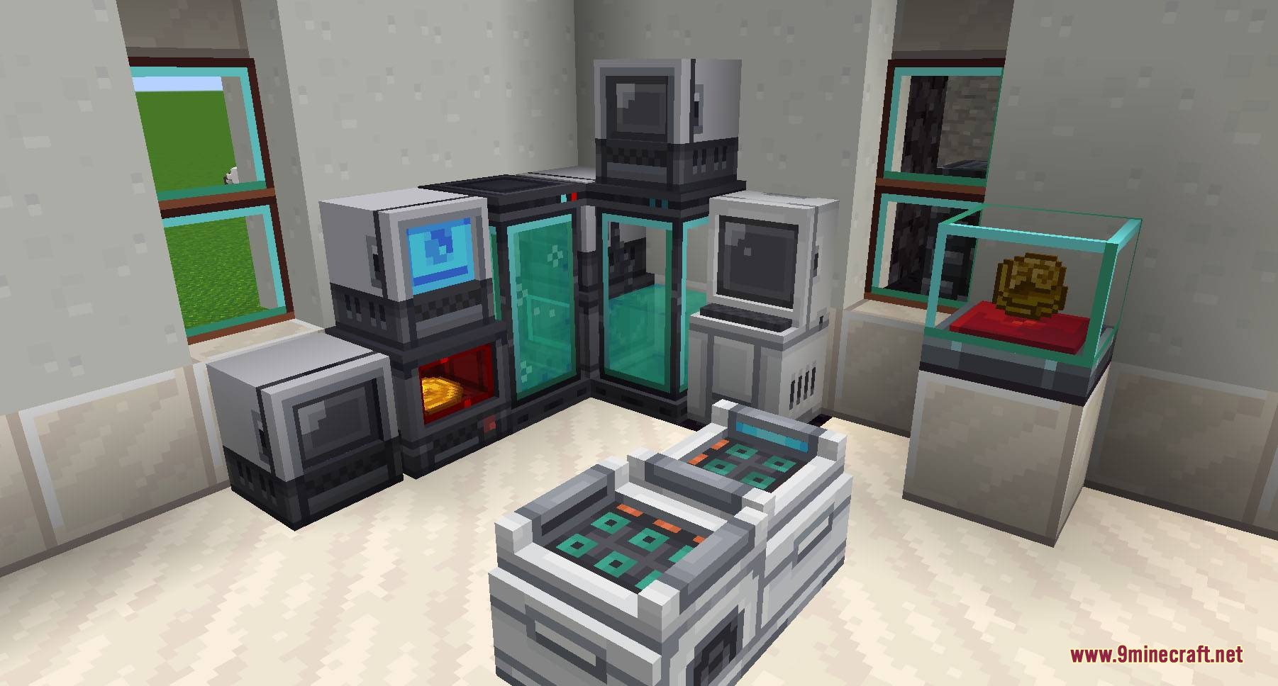 Pixellated Pocket Spirits Resource Pack Screenshot 2 Detailed models of laboratory equipment and computer monitors in a white room