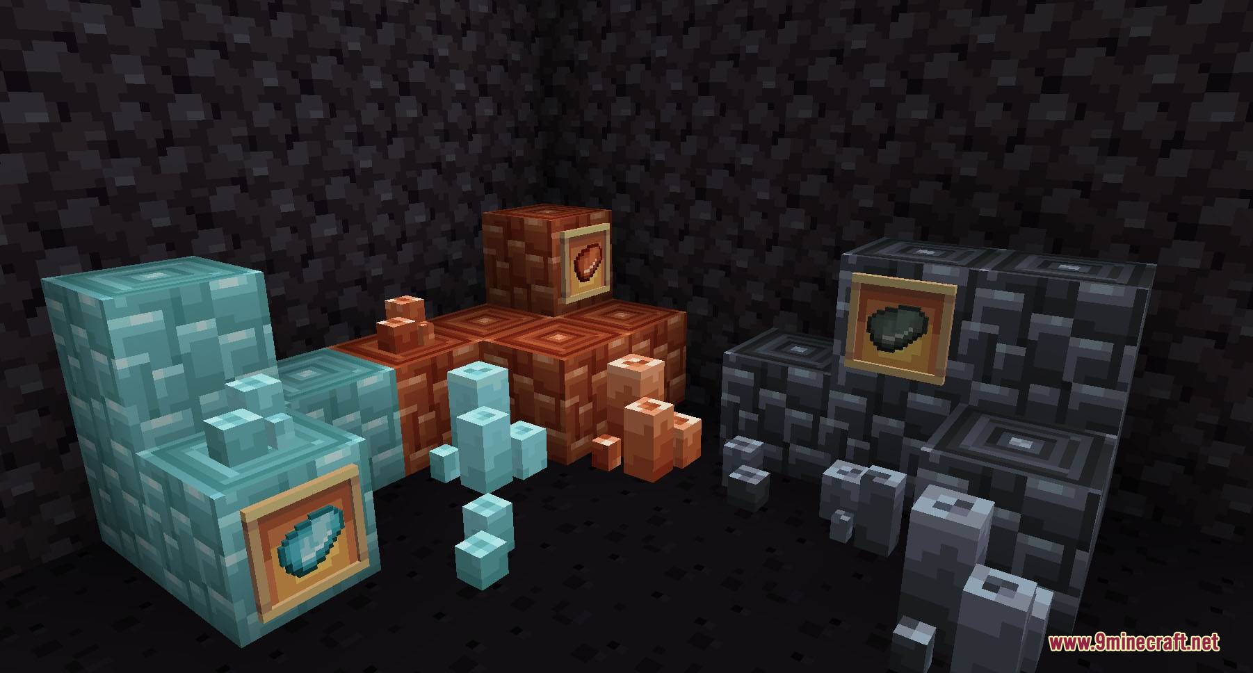Pixellated Pocket Spirits Resource Pack Screenshot 4 Custom textures for ores and crystal clusters displayed in a dark stone room