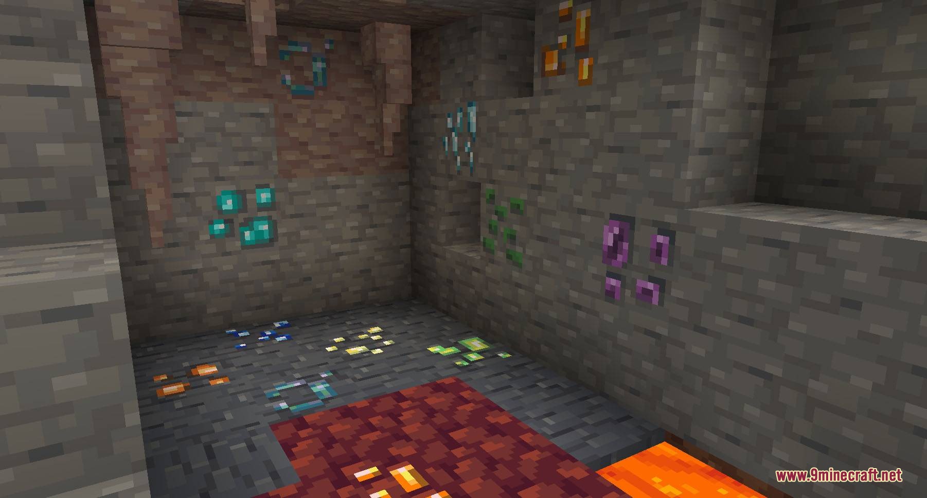 Pixellated Pocket Spirits Resource Pack Screenshot 6 Various mineral ores and crystals embedded in the walls of a dark cave