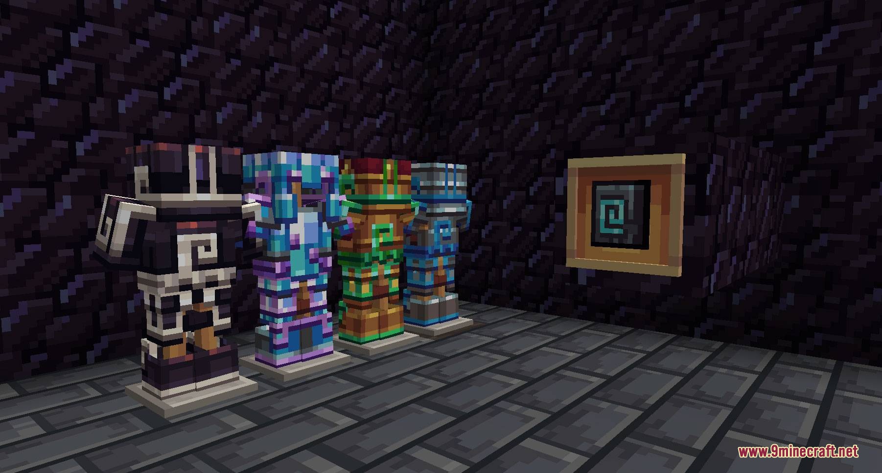 Pixellated Pocket Spirits Resource Pack Screenshot 7 Four armor stands with custom armor sets displayed in a dark blackstone room