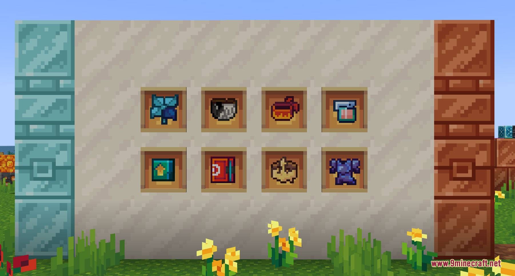 Pixellated Pocket Spirits Resource Pack Screenshot 8 Eight item frames displaying various custom pixel art item sprites on a wall