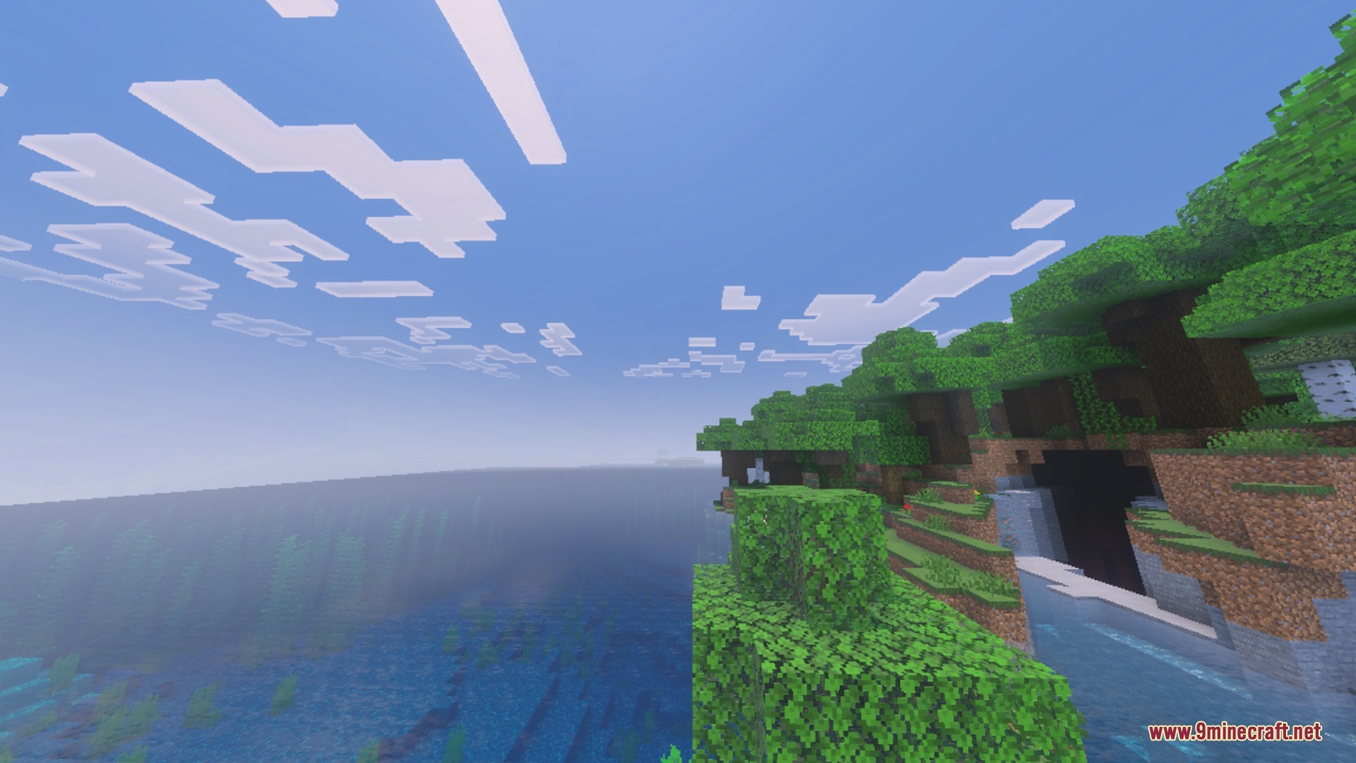 Pixie - Vibrant Visual PBR Shader Screenshot 1 Lush green trees and a waterfall overlooking a vast ocean under a bright sky