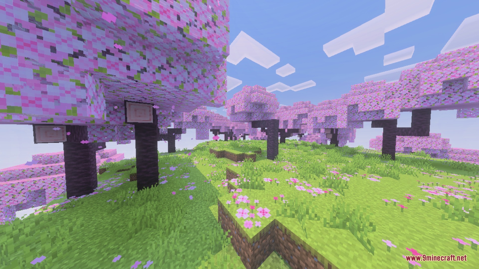 Pixie - Vibrant Visual PBR Shader Screenshot 5 Vibrant cherry blossom grove with realistic lighting and pink petals on the grass