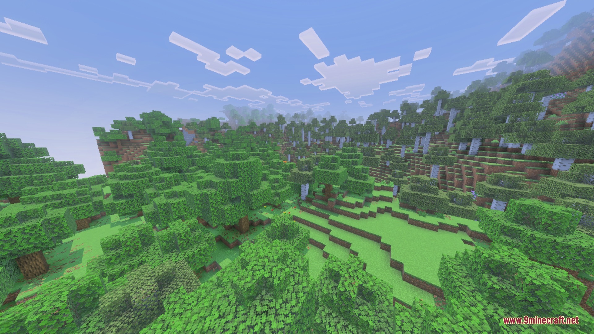Pixie - Vibrant Visual PBR Shader Screenshot 6 Lush green forest with realistic lighting and soft clouds in the sky