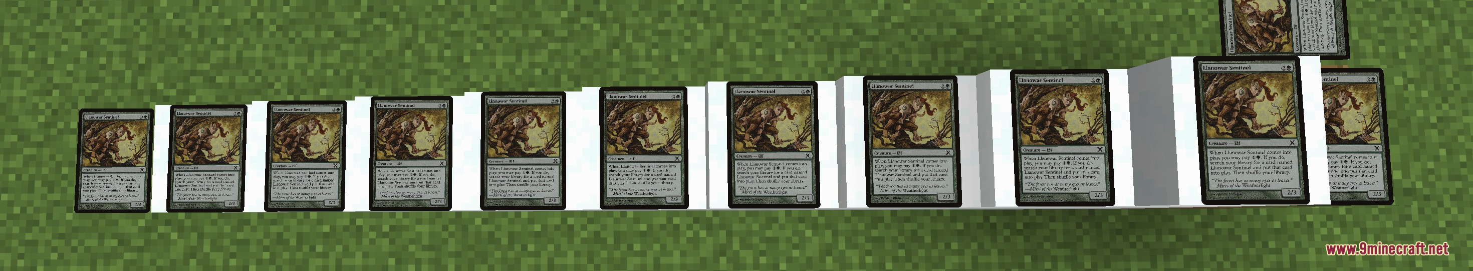 Planeswalker Chronicles Mod Screenshot 4 Trading cards placed on white blocks in a grassy Minecraft field