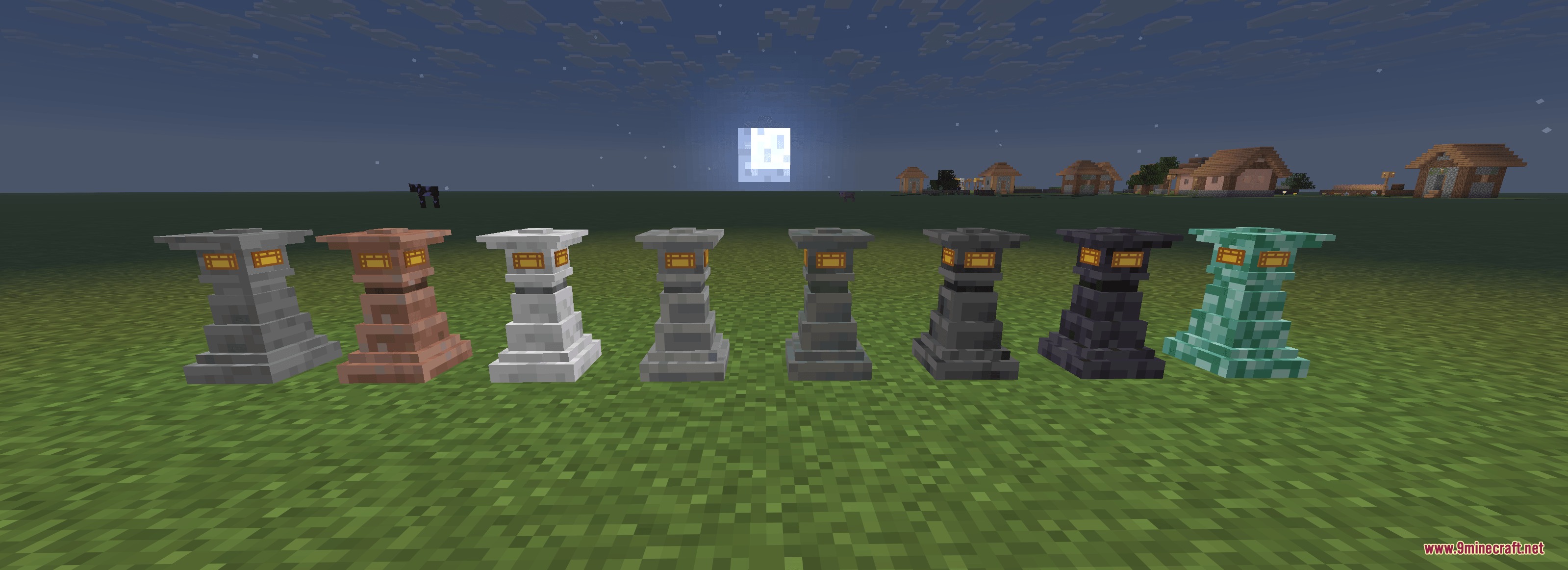Planeswalker Chronicles Mod Screenshot 6 Eight life counter blocks with glowing orange displays on grass at night