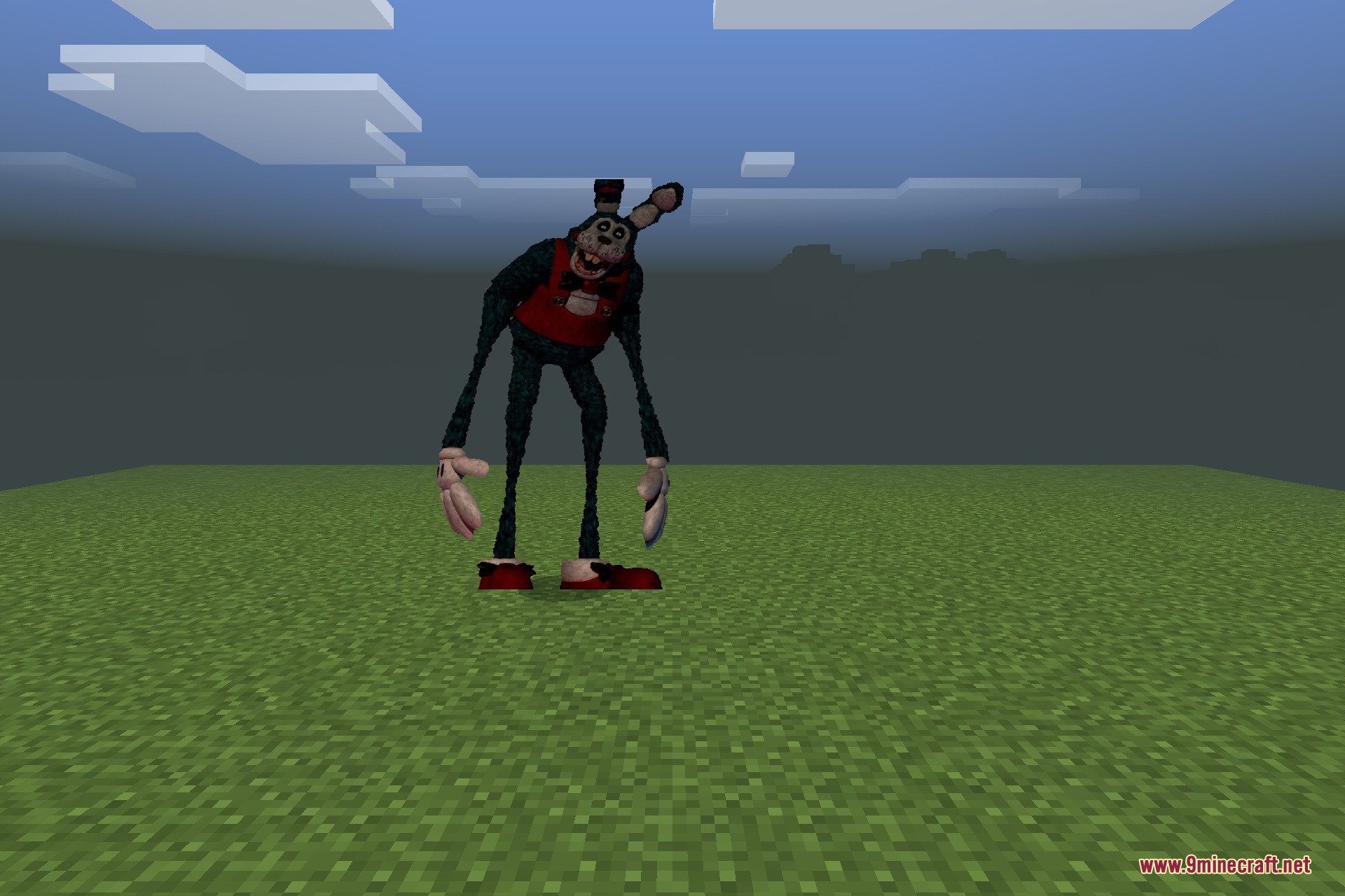 A tall distorted rabbit creature with long limbs stands in a flat world