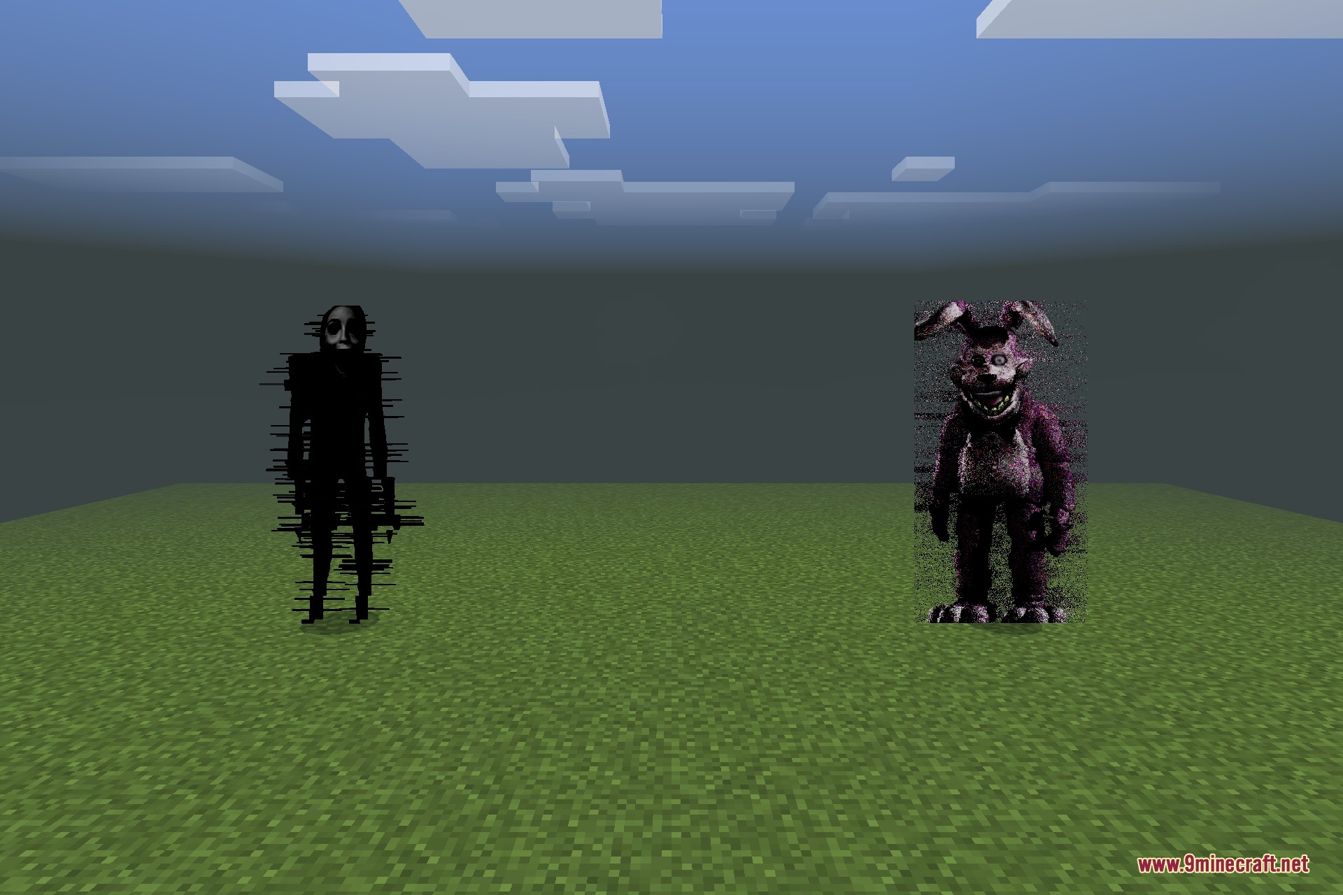 Two terrifying glitchy entities stand together in a flat Minecraft world