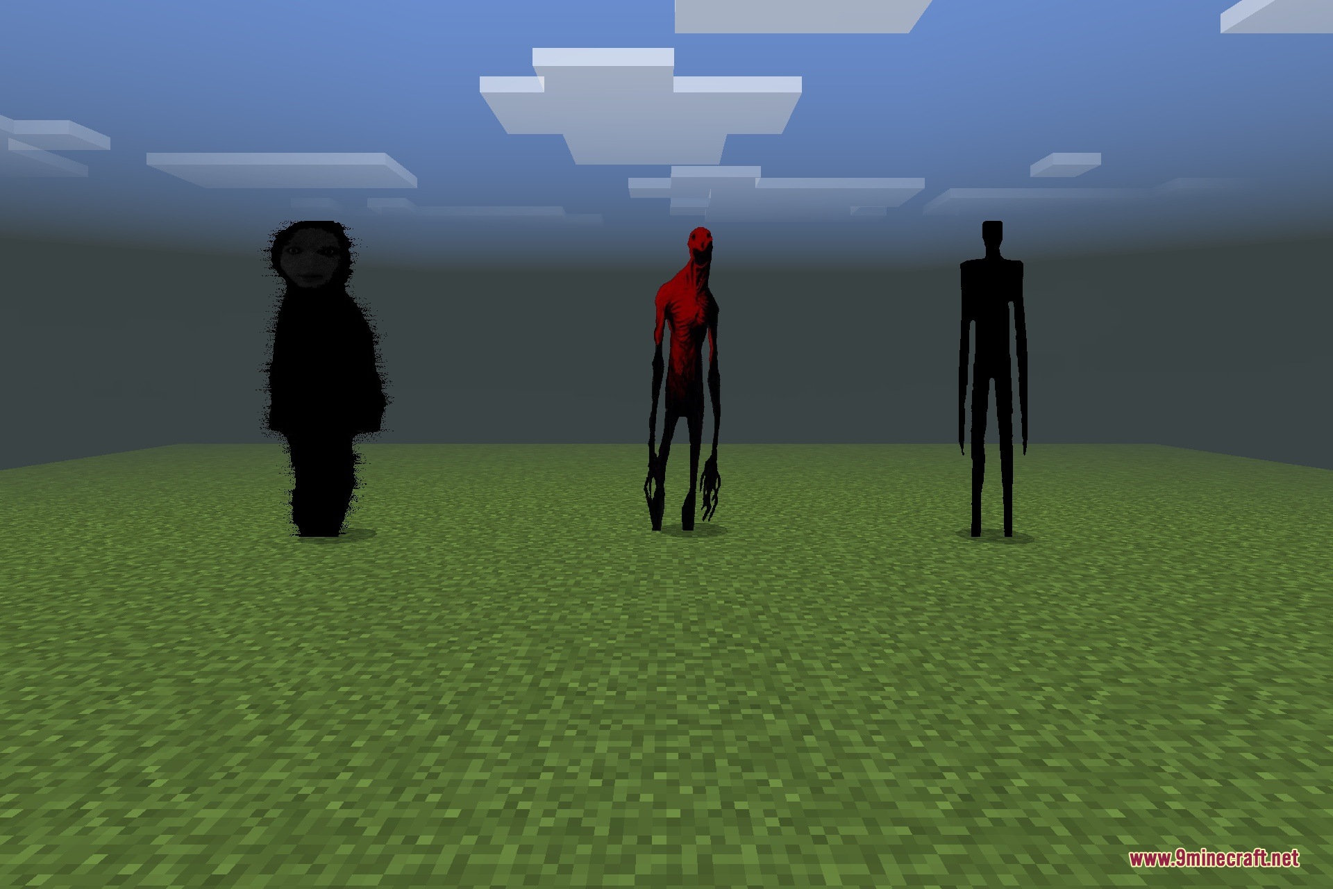 Three tall shadowy and red horror mobs standing in a Minecraft field