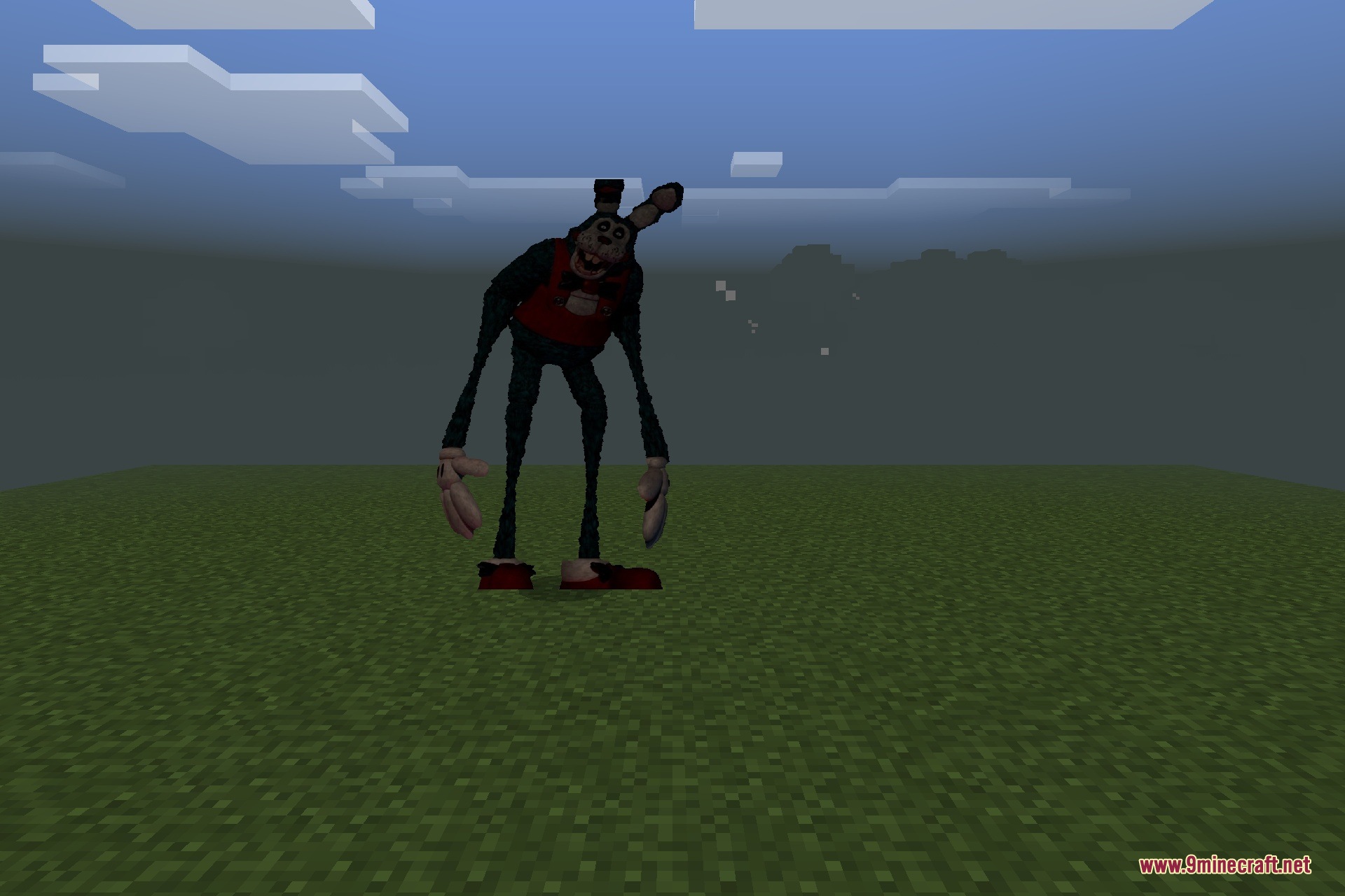 A tall distorted rabbit mob standing alone in a grassy Minecraft field