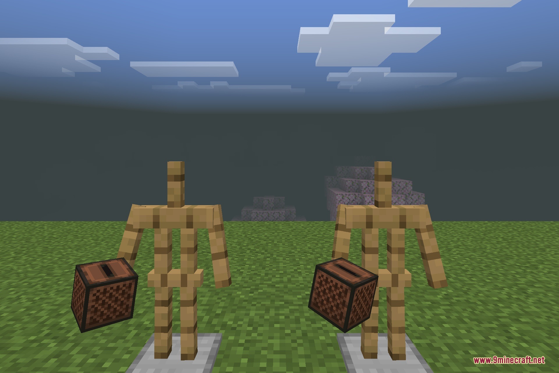 Two armor stands holding note blocks in a flat Minecraft world