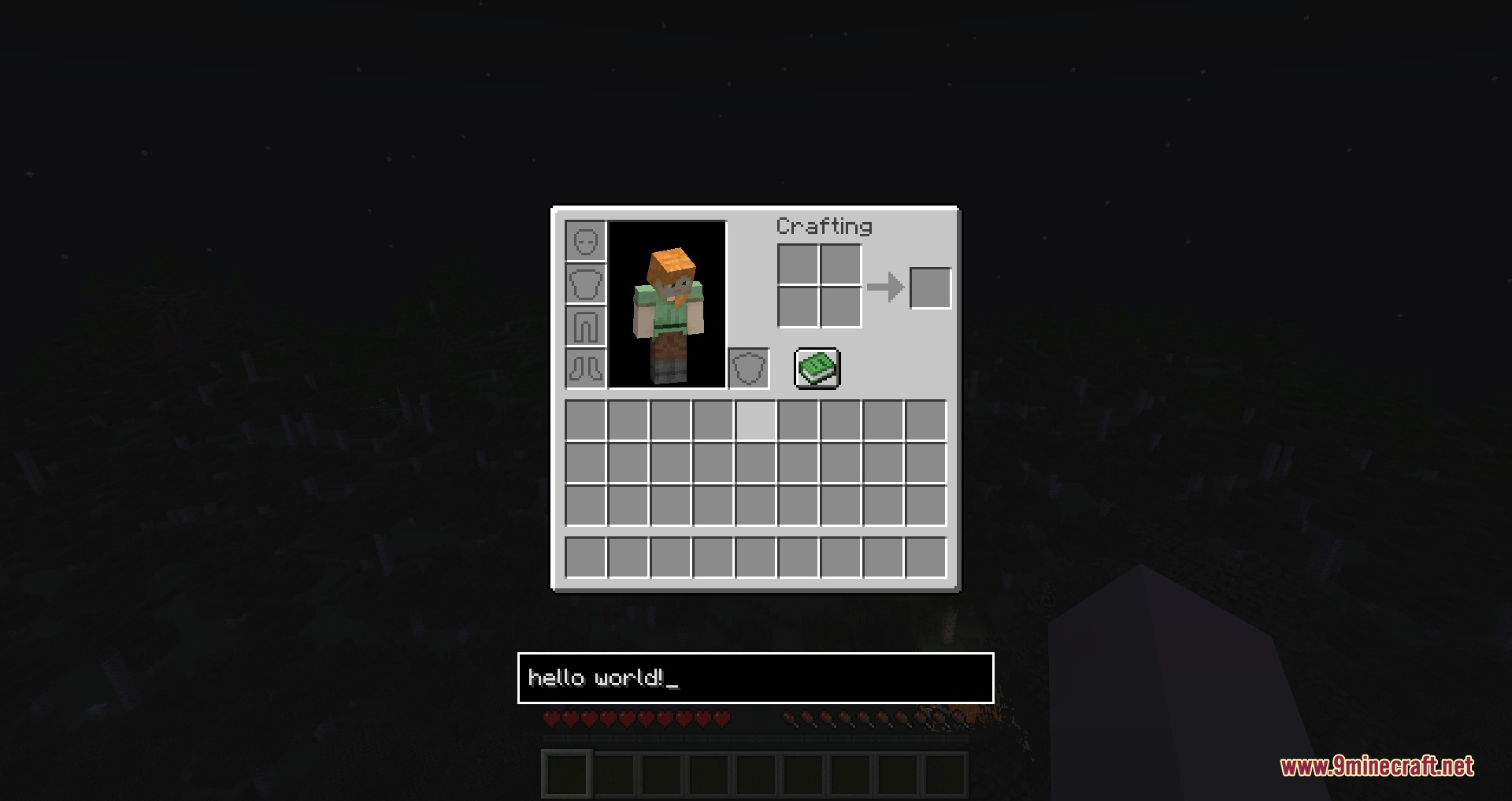 Pocket Comms Hub Mod Screenshot 4 The player types hello world into the chat widget within the inventory screen
