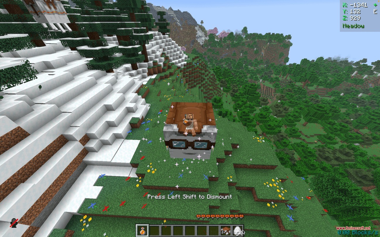 A player riding a tamed Happy Ghast over a scenic Minecraft meadow