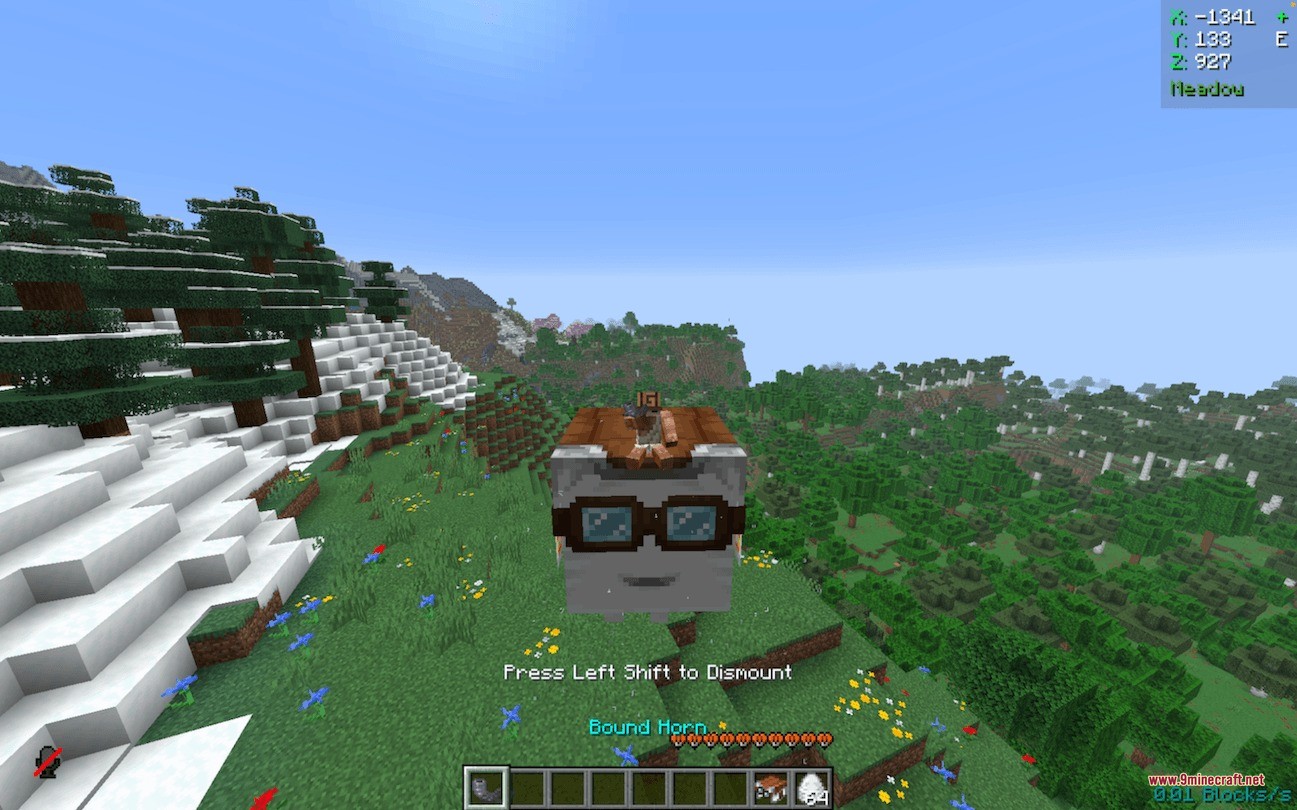 A player riding a small white Happy Ghast in a meadow biome
