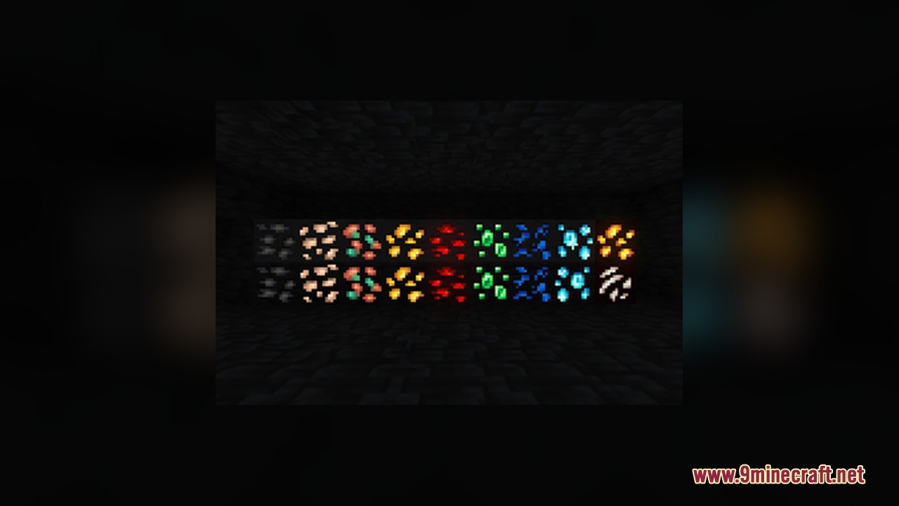 Pog's Fresher Ores Glowing Resource Pack Screenshot 1 Pog Fresher Ores Glowing Resource Pack features vibrant glowing ores in darkness