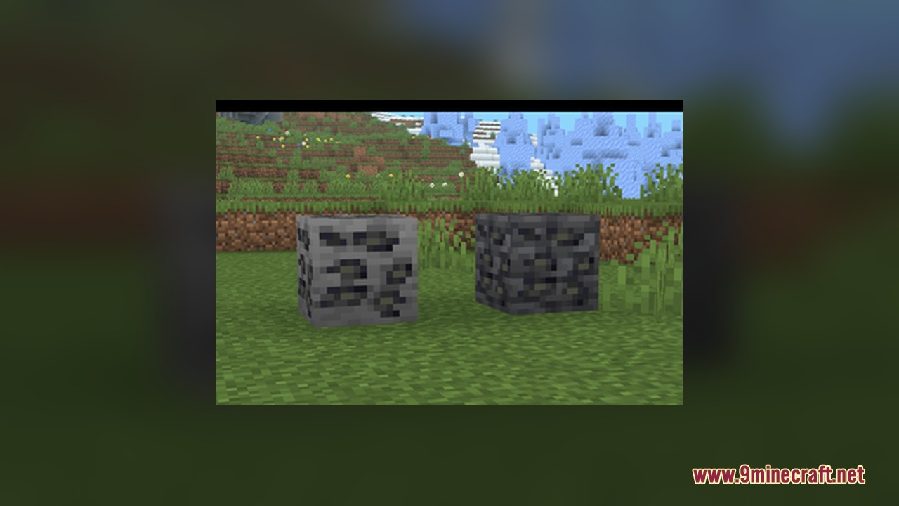 Pog's Fresher Ores Glowing Resource Pack Screenshot 2 Stone and deepslate coal ore blocks placed on grass in broad daylight