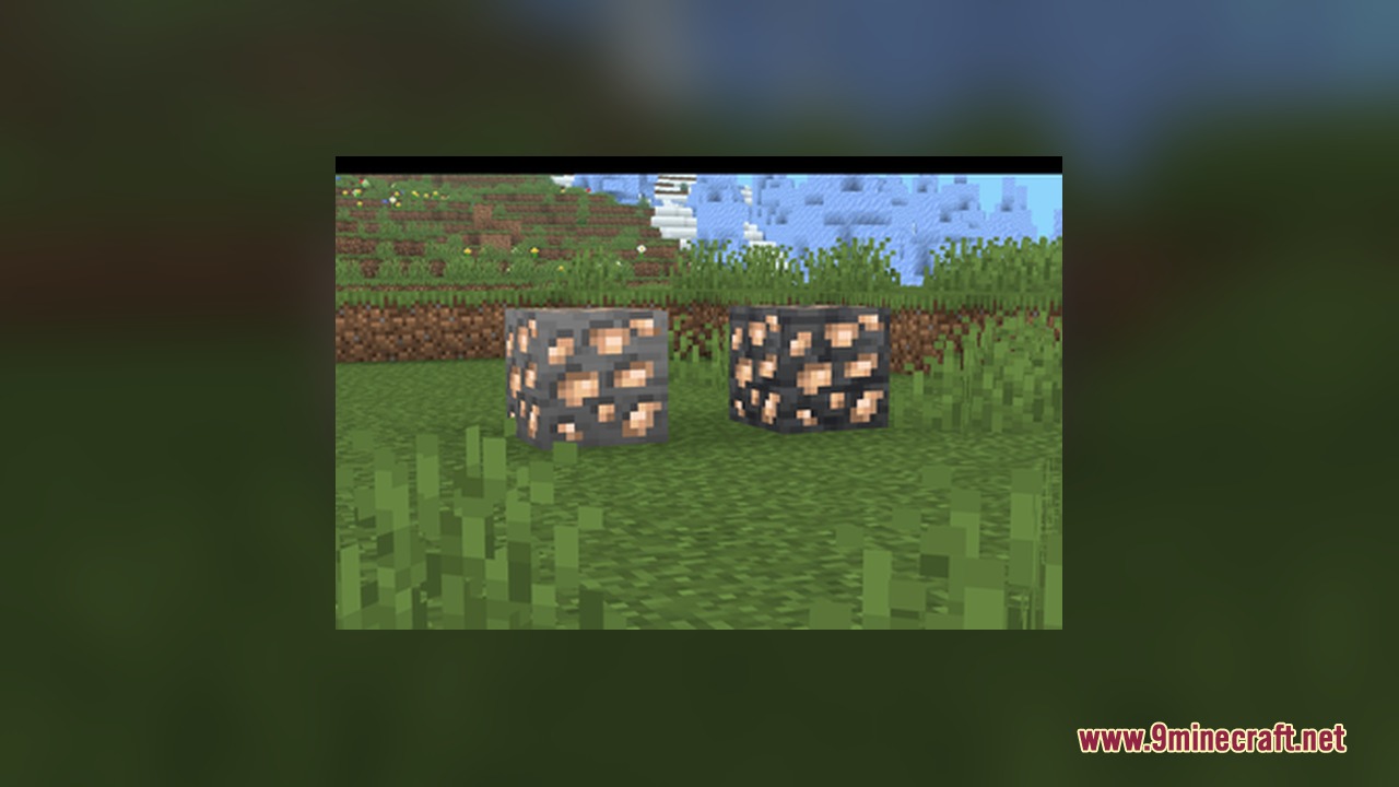 Pog's Fresher Ores Glowing Resource Pack Screenshot 3 Glowing iron ore and deepslate iron ore blocks placed on a grassy field