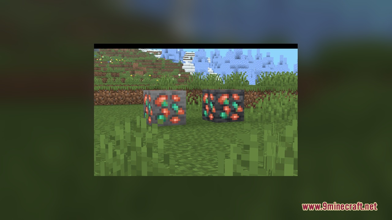 Pog's Fresher Ores Glowing Resource Pack Screenshot 4 Vibrant glowing copper ore and deepslate copper ore blocks in a grassy landscape
