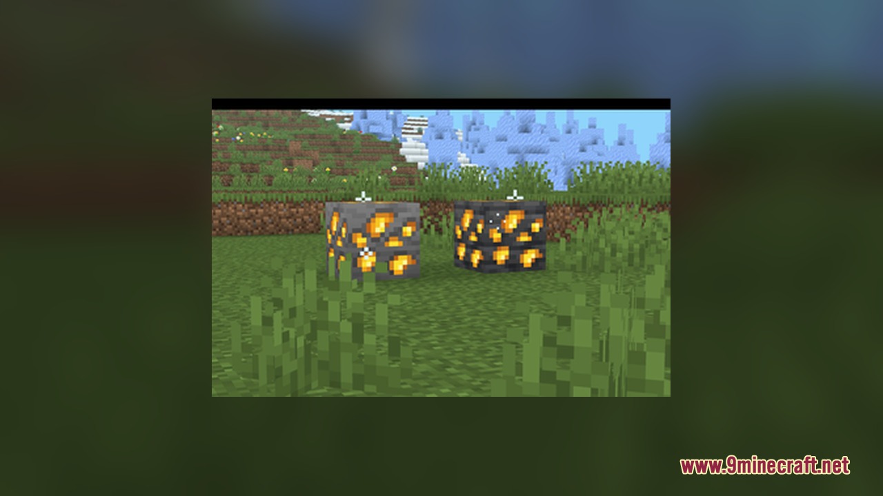 Pog's Fresher Ores Glowing Resource Pack Screenshot 5 Two variants of gold ore blocks with glowing textures on green grass