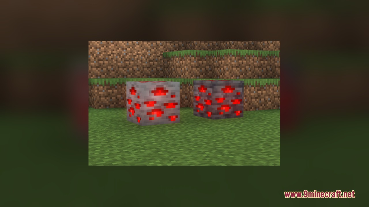Pog's Fresher Ores Glowing Resource Pack Screenshot 6 Vibrant redstone ore and deepslate redstone ore blocks glowing in the field