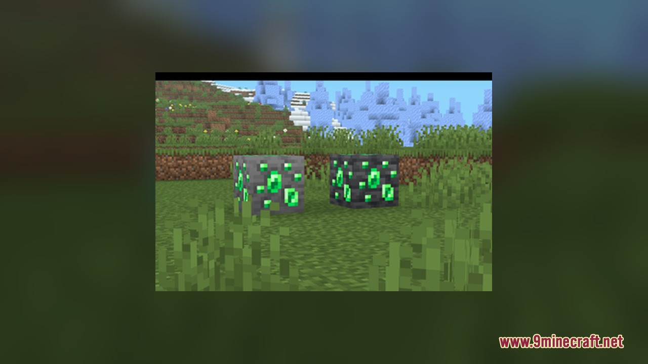 Pog's Fresher Ores Glowing Resource Pack Screenshot 7 Glowing emerald ore and deepslate emerald ore blocks placed on green grass