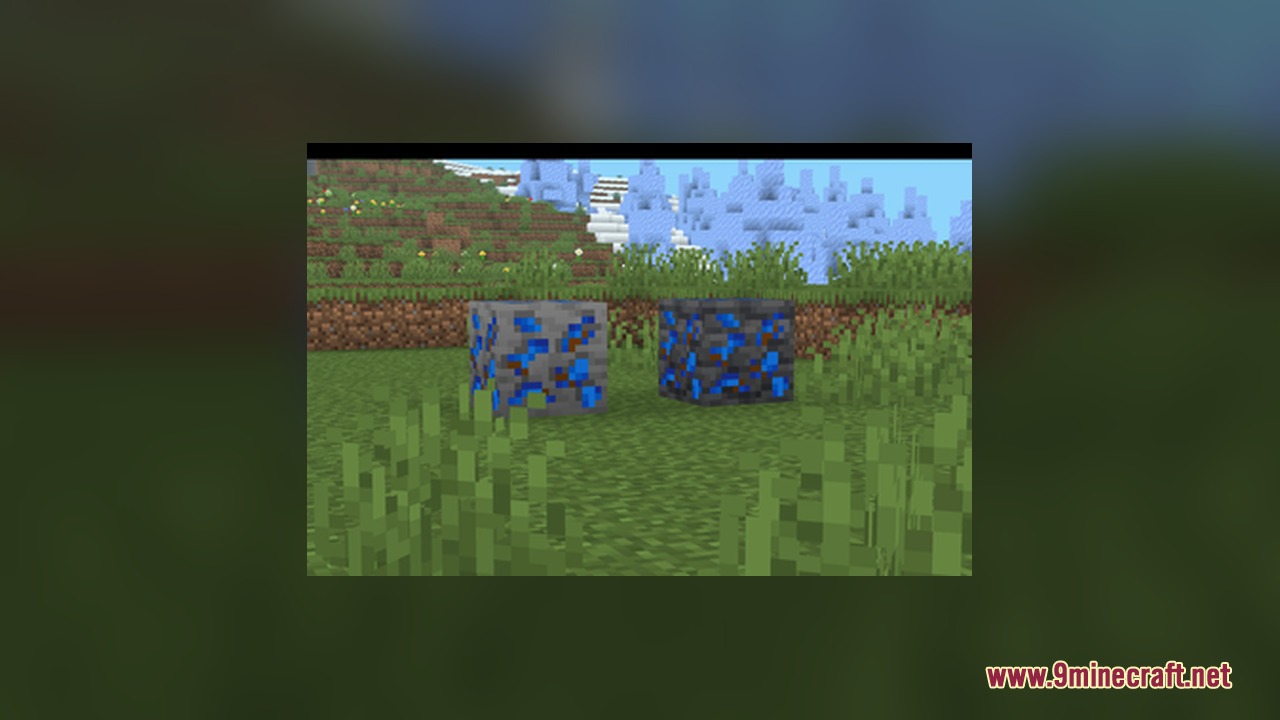 Pog's Fresher Ores Glowing Resource Pack Screenshot 8 Glowing lapis lazuli and deepslate lapis lazuli ore blocks on the grass