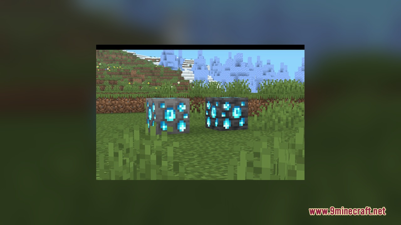 Pog's Fresher Ores Glowing Resource Pack Screenshot 9 Diamond ore and deepslate diamond ore with vibrant glowing textures on grass
