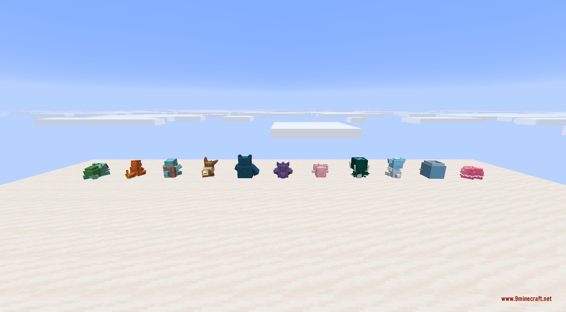 Pokeblocks 9minecraft Mod Screenshot 1 A row of small Pokemon decorative blocks placed on a white surface