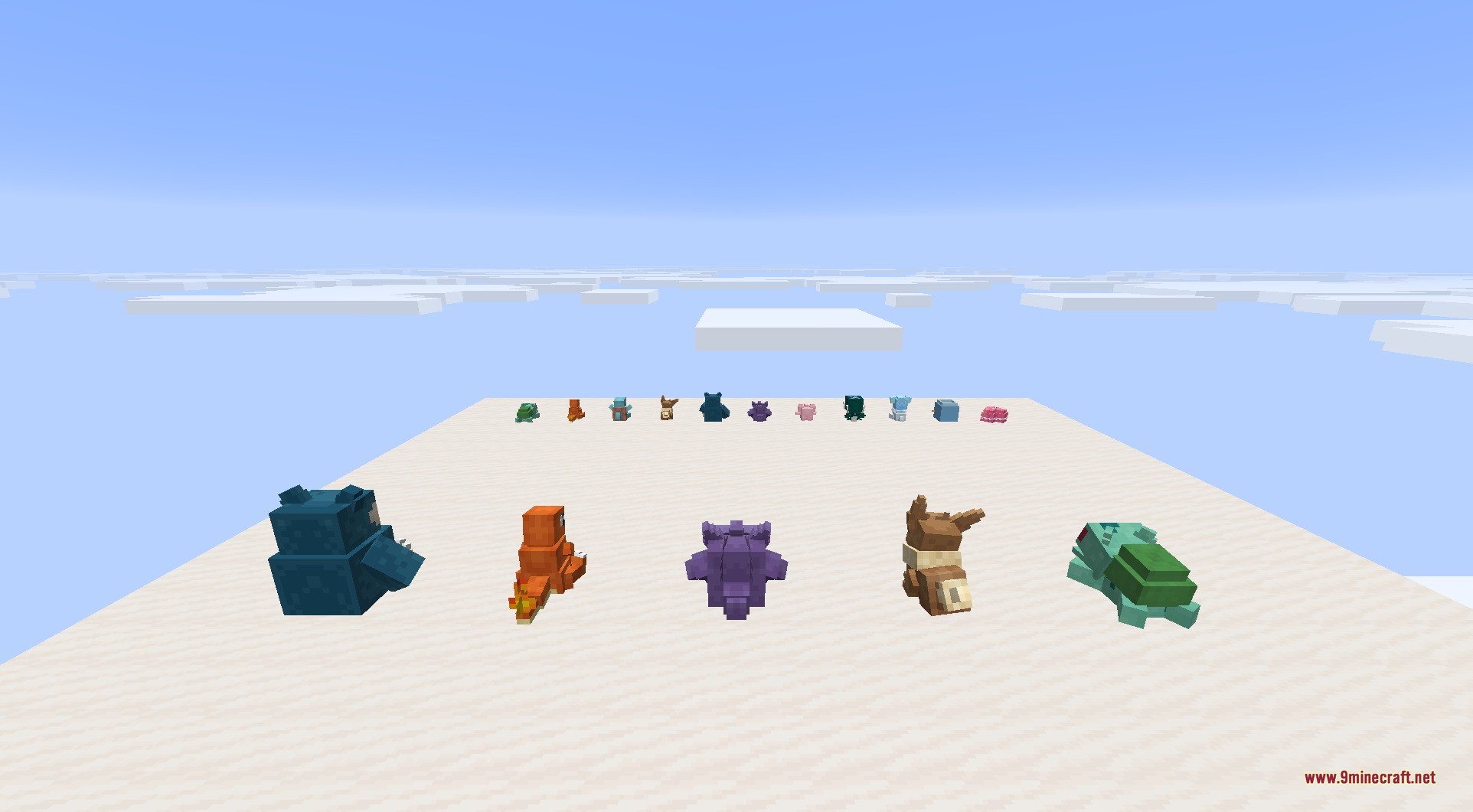 Pokeblocks 9minecraft Mod Screenshot 2 Five large Pokemon statues standing in front of a line of smaller dolls