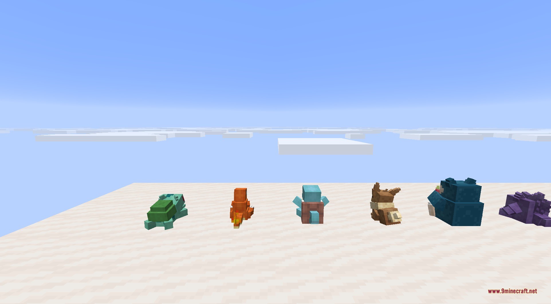 Pokeblocks 9minecraft Mod Screenshot 3 A row of small Pokemon pokedolls displayed on a white platform