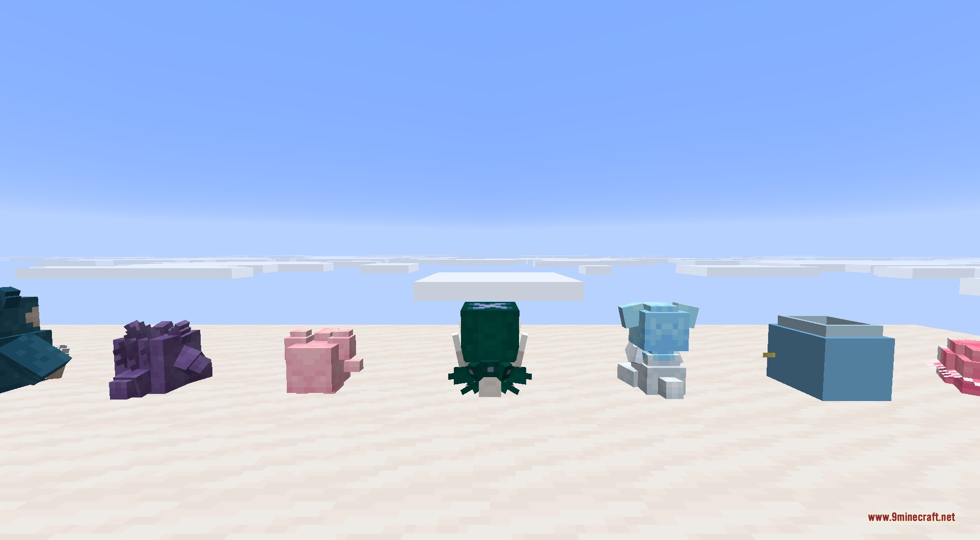 Pokeblocks 9minecraft Mod Screenshot 5 A row of colorful Pokemon pokedoll blocks placed on a sandy surface