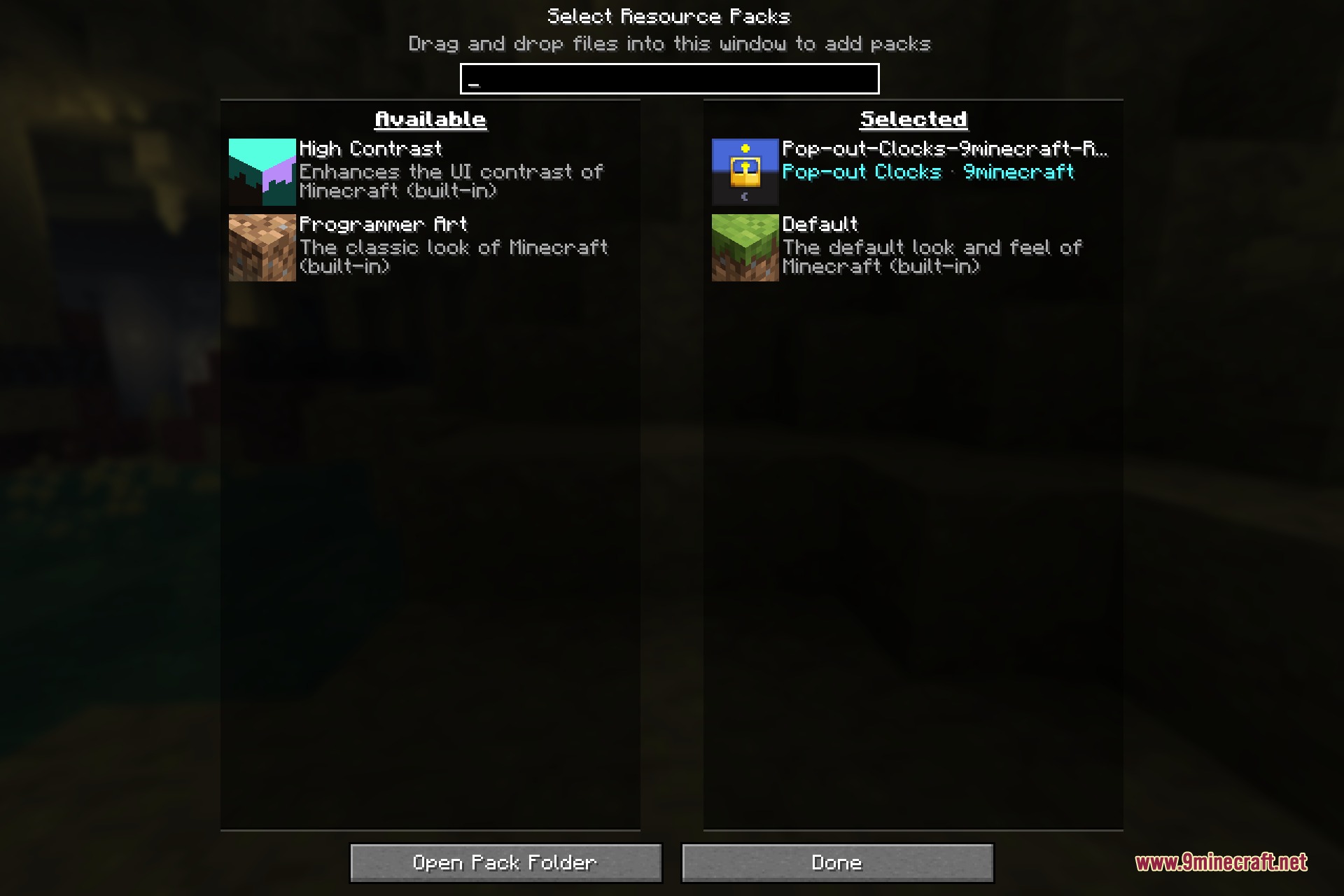 Selecting the Pop-out Clocks resource pack in the Minecraft Resource Packs menu