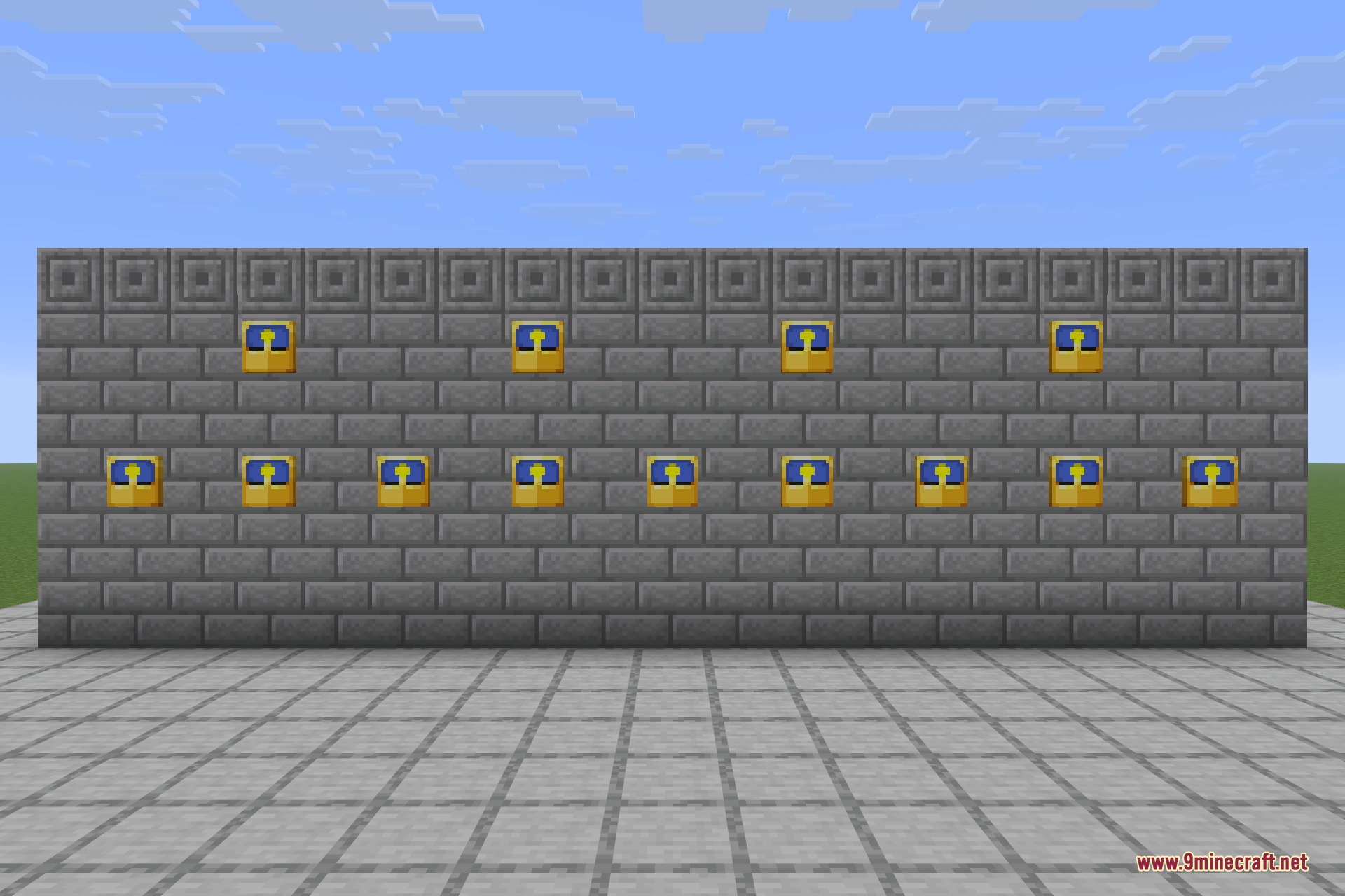 A wall of framed clocks, each standing out from the stone