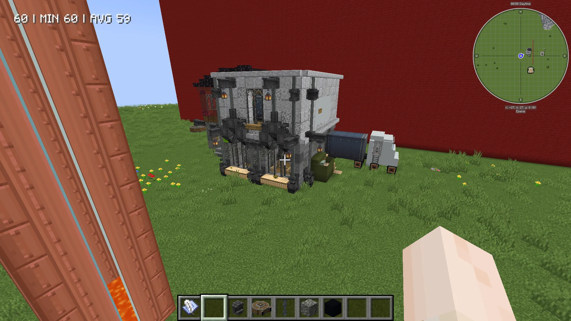 A stone house and post station schematic with a truck parked outside