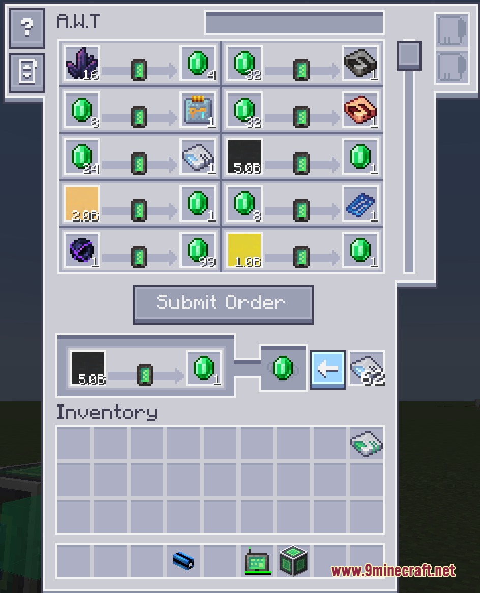 Wireless Amadron Terminal menu showing trade offers for emeralds and various resources