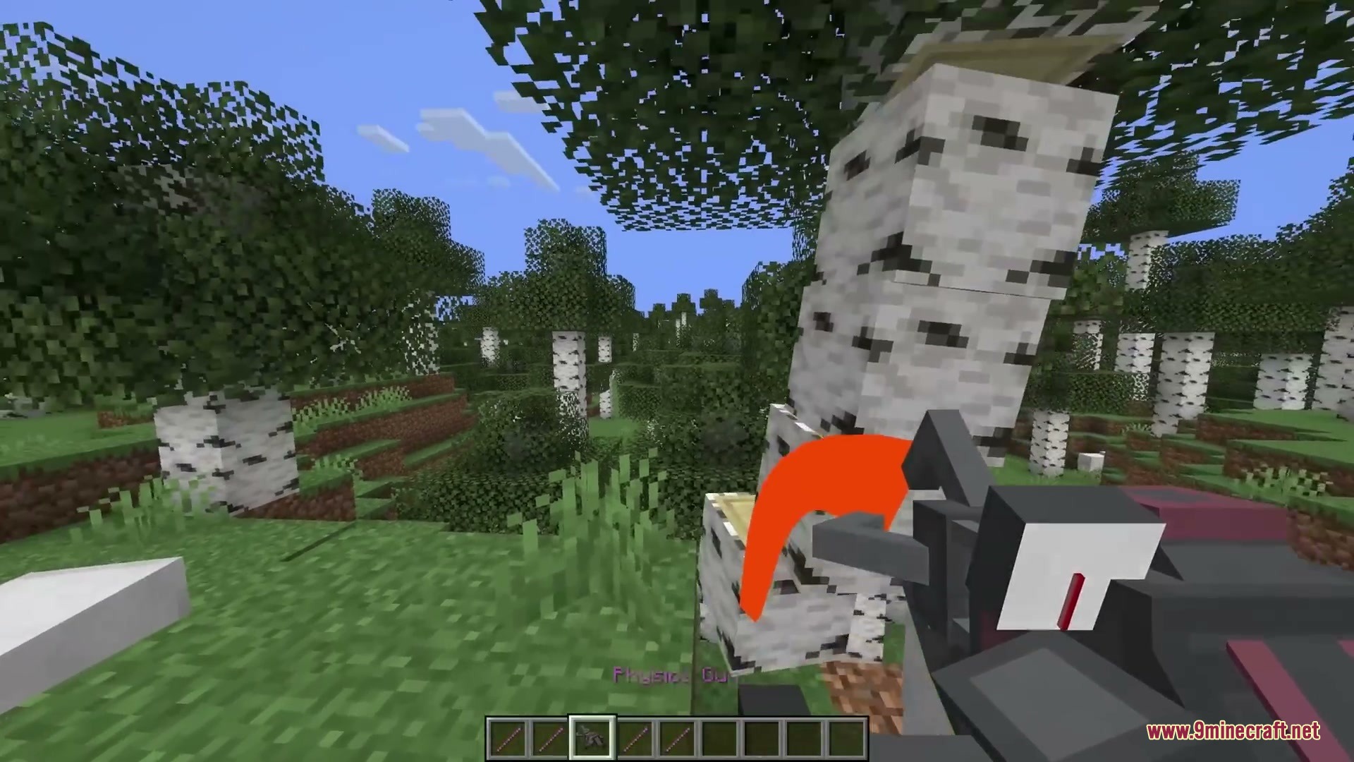 Primal Aether Surge Mod Screenshot 2 Player uses a physics gun to lift a birch log with a red beam