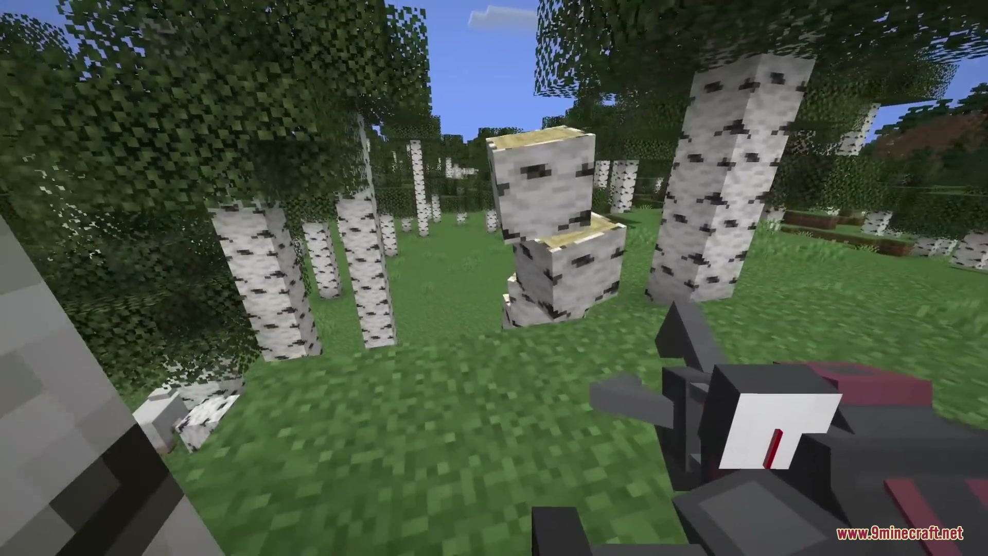 Primal Aether Surge Mod Screenshot 4 Birch logs tumble and fall onto the grass in a dense forest