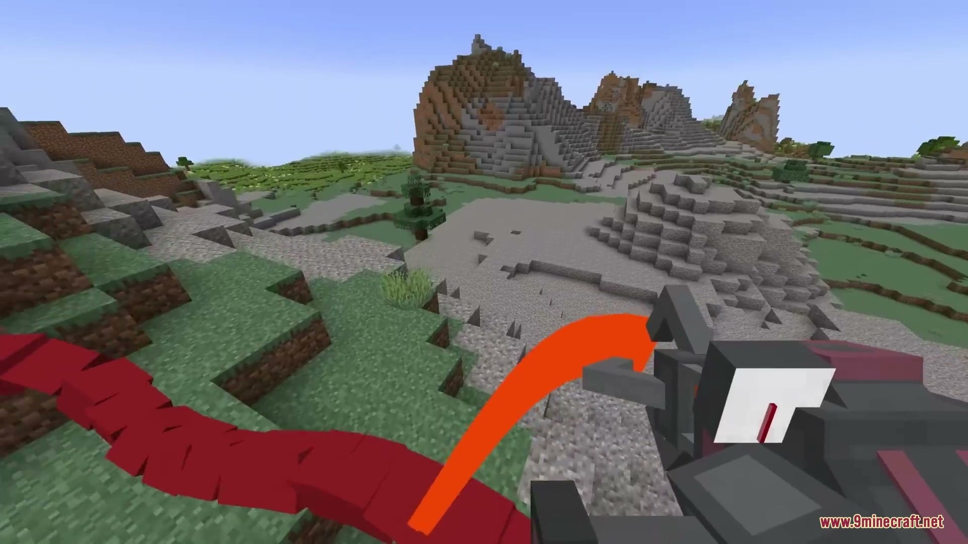 Primal Aether Surge Mod Screenshot 8 Player using a physics tool to pull a long red chain across hilly terrain