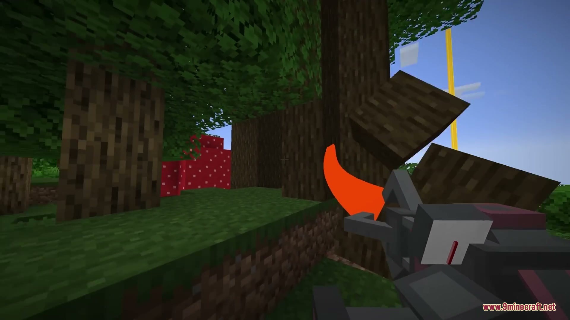 Primal Aether Surge Mod Screenshot 9 Player uses a physics gun to knock down wooden logs in a forest