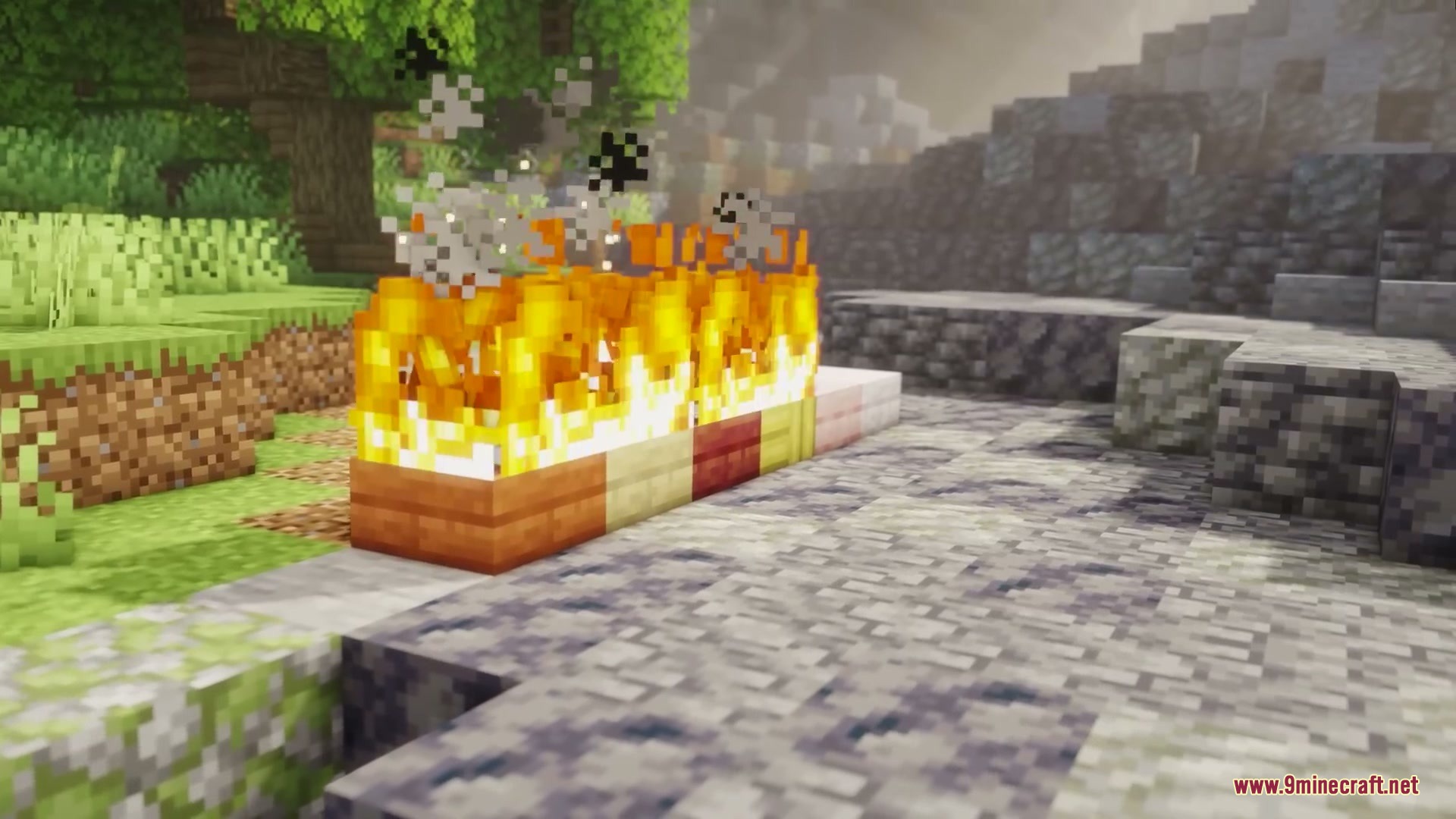 Primal Appetite Mod Screenshot 12 Multiple types of wooden slabs are burning on a stone path in Minecraft
