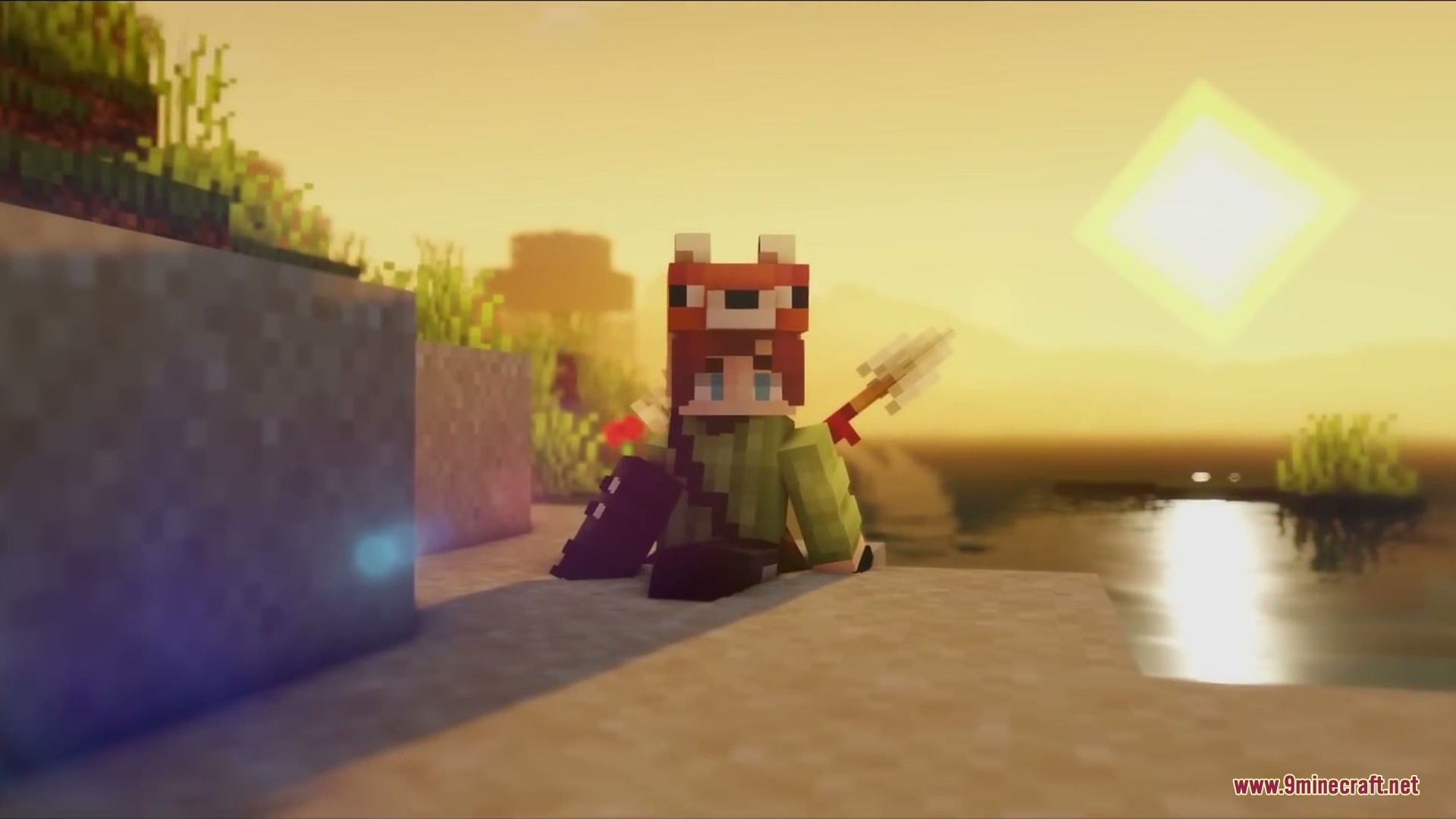 Primal Appetite Mod Screenshot 13 A Minecraft character wearing a fox hat sits on the beach during sunset