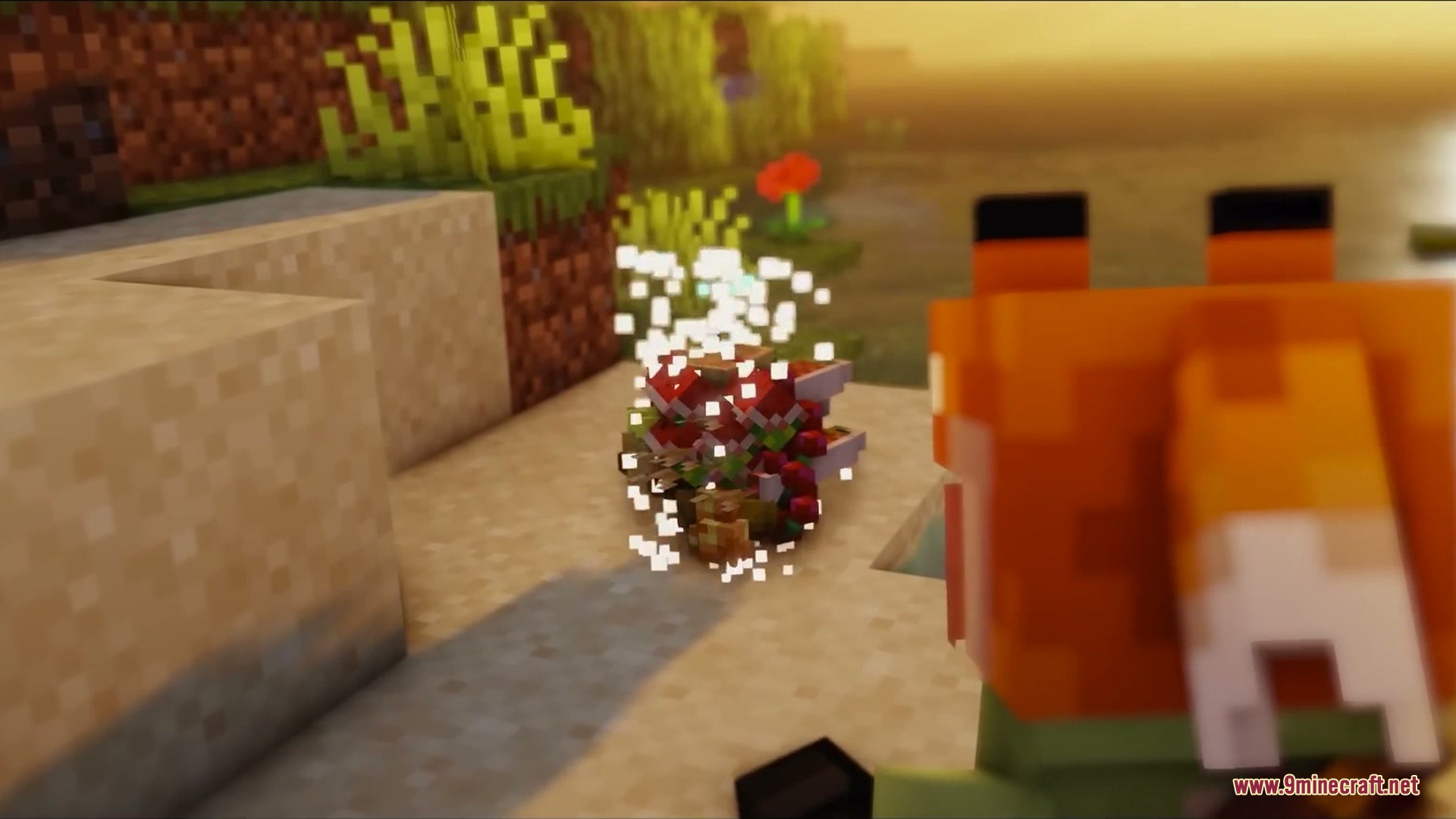 Primal Appetite Mod Screenshot 14 A player looks at a pile of food items with sparkling particle effects