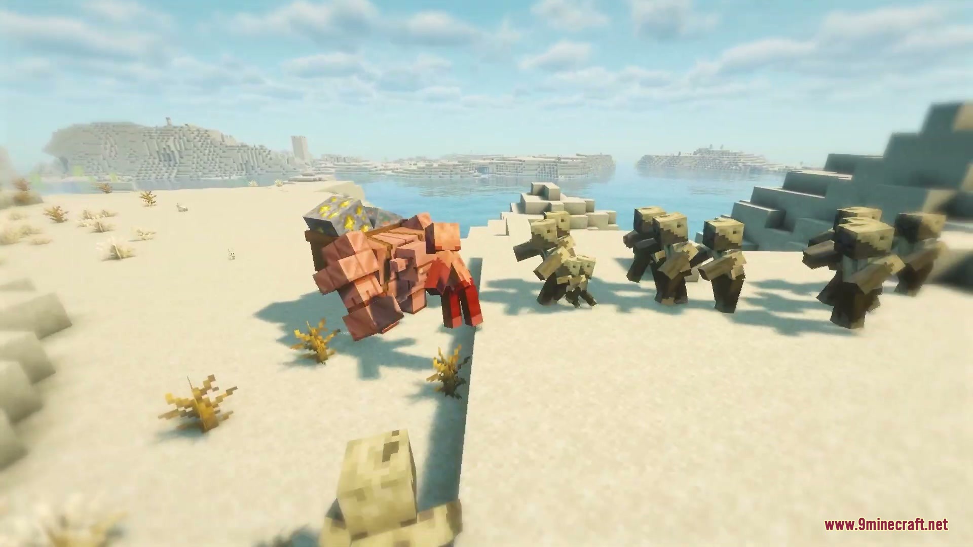 Primal Appetite Mod Screenshot 5 A copper golem carrying gold ore fights a group of husks