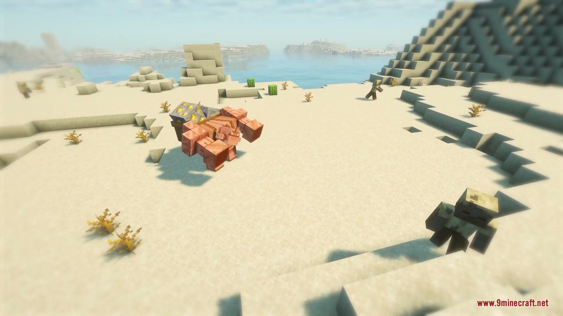 Primal Appetite Mod Screenshot 6 A copper golem carrying gold ore stands in a sandy desert