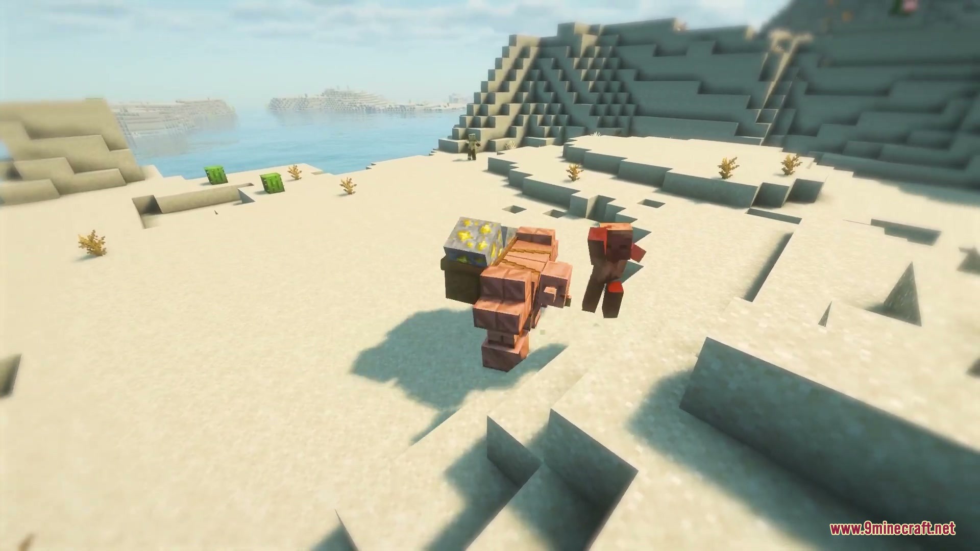 Primal Appetite Mod Screenshot 7 A copper creature carrying a gold ore block in a desert biome