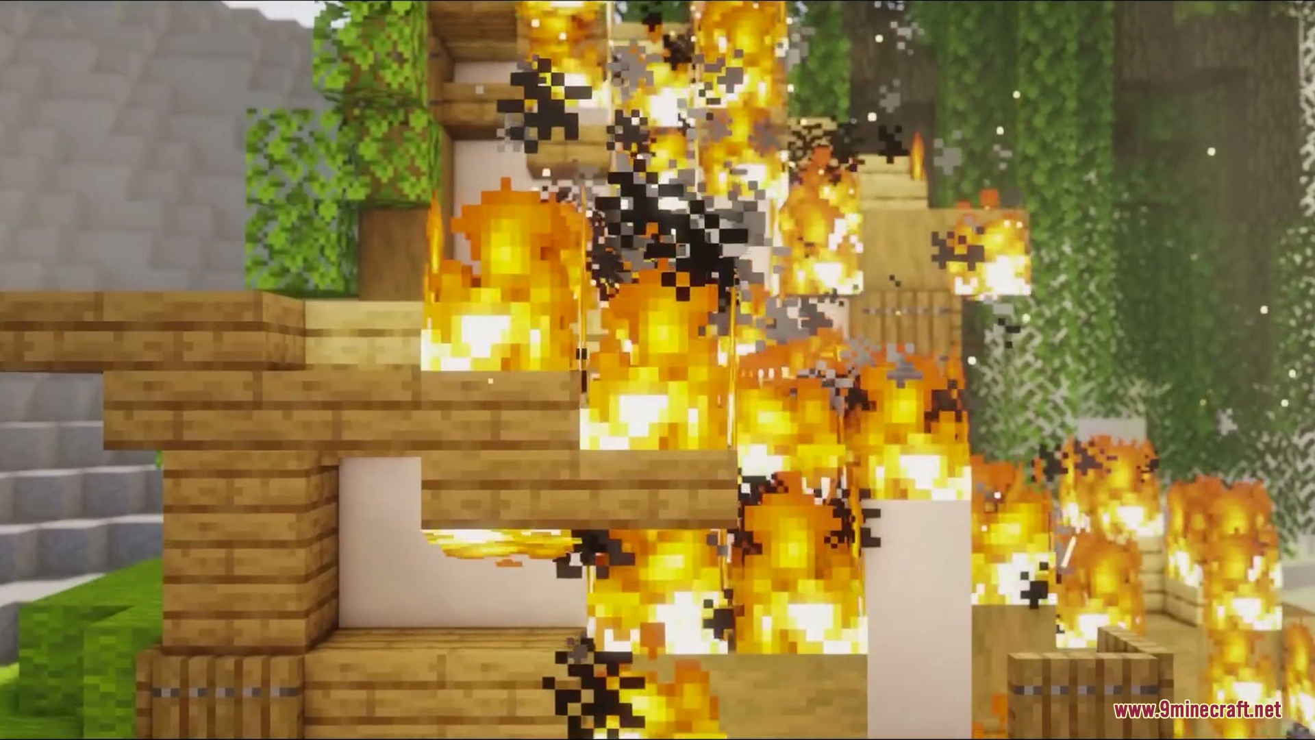 Primal Appetite Mod Screenshot 9 A wooden building in Minecraft is engulfed in bright orange flames and smoke