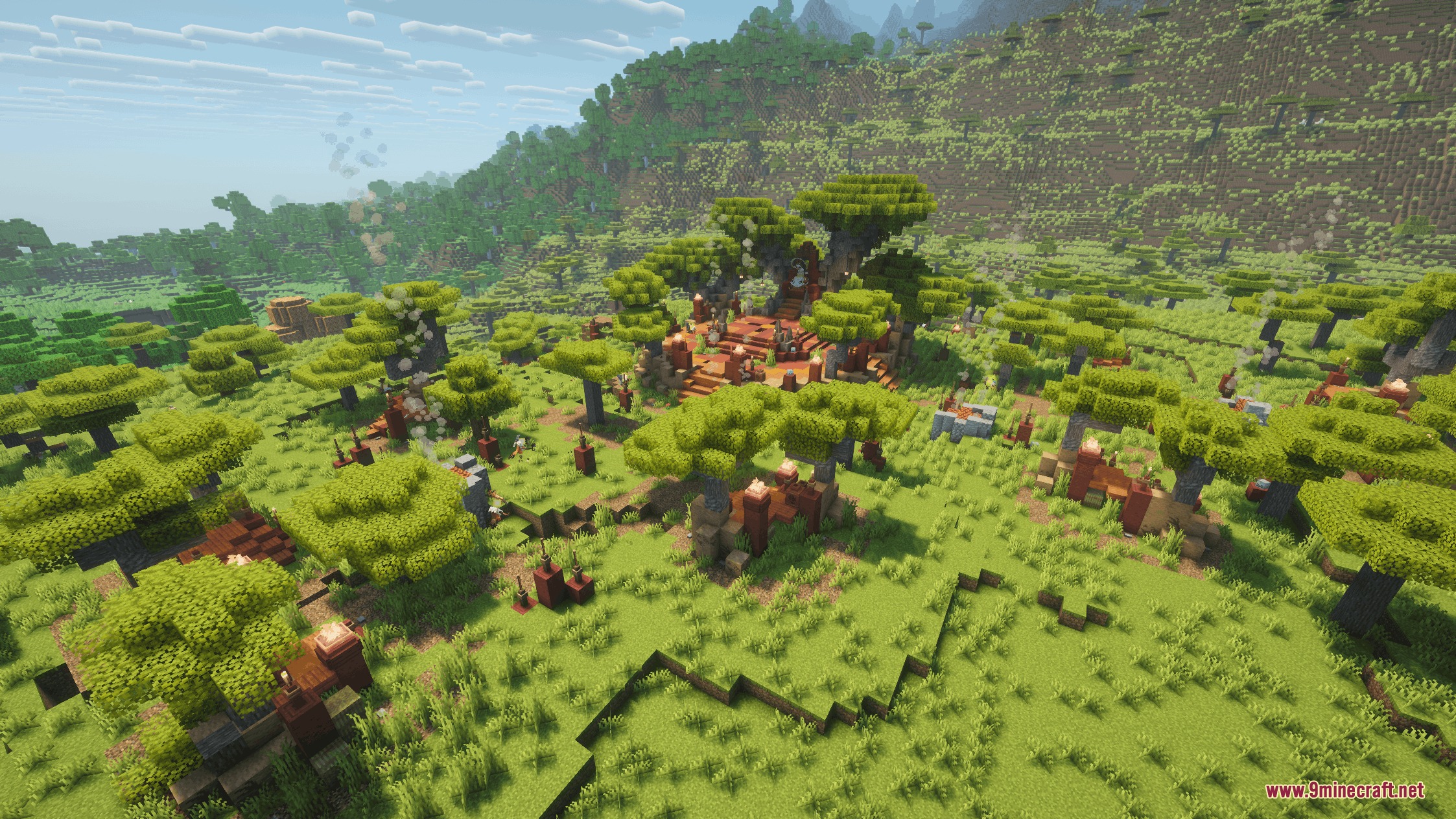 Primal Domain Refined Mod Screenshot 1 A wide view of the Umvuthana Grove structure integrated into a lush savanna